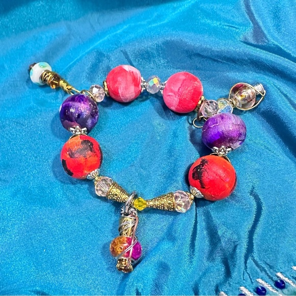 Painted Wooden Beads Charms Crystal Glass Handmade Bracelet OOAK Stackable 6-7 - Picture 1 of 14
